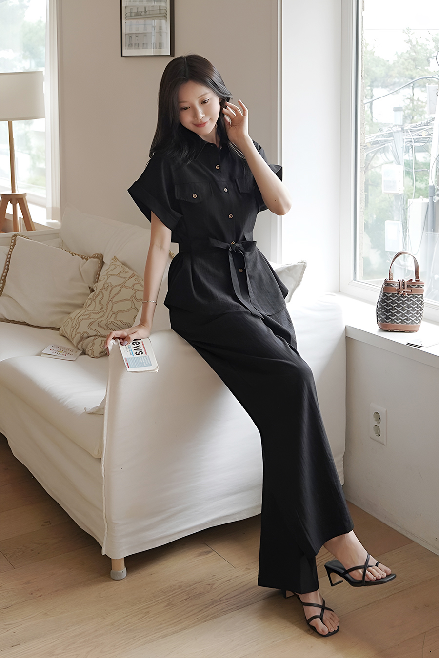 필딩버튼 카라블라우스+와이드팬츠SET