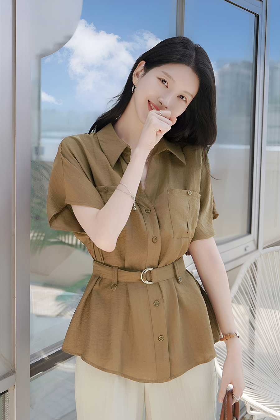 셋몬포켓 카라블라우스+벨트SET