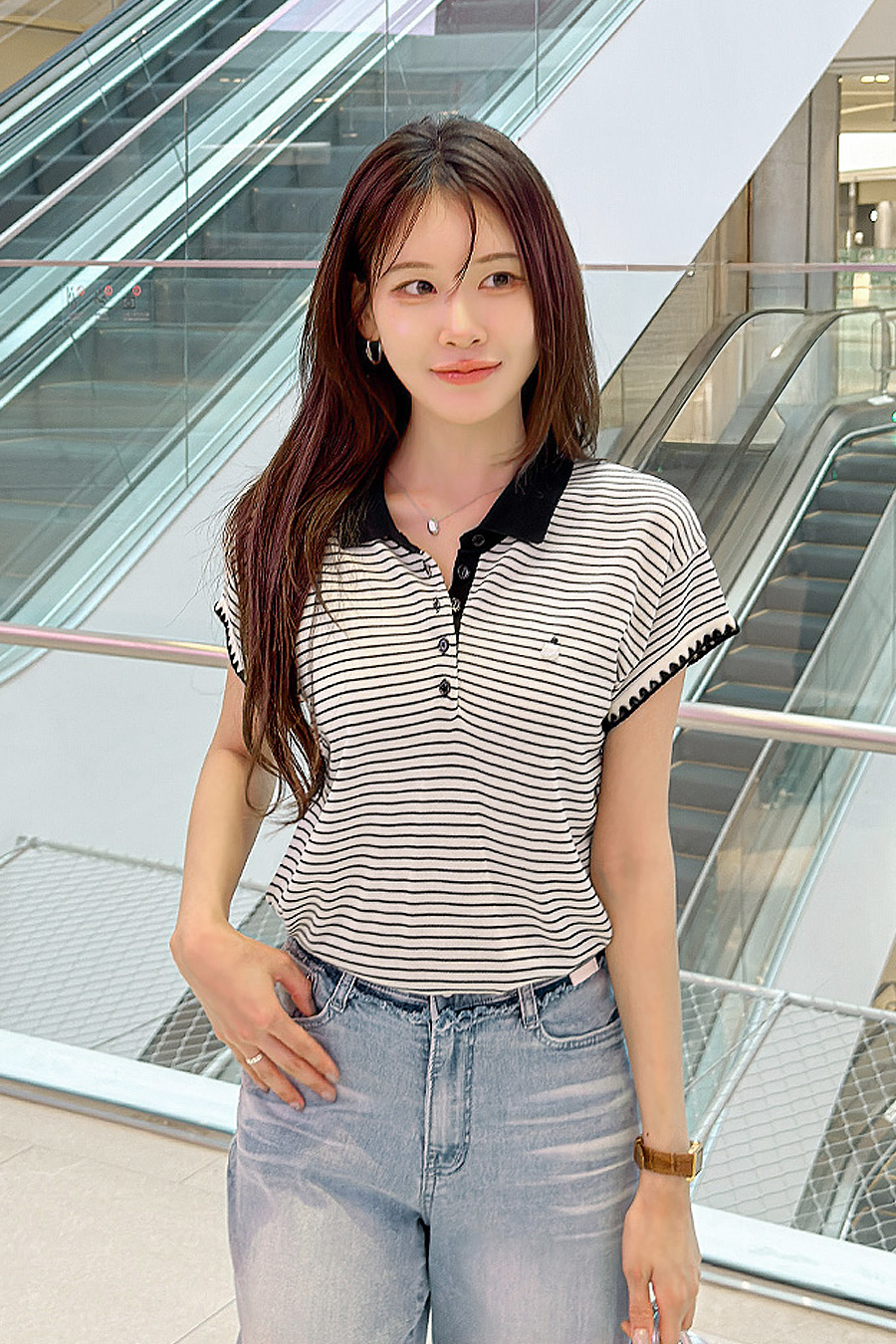 펄디조개 배색카라니트