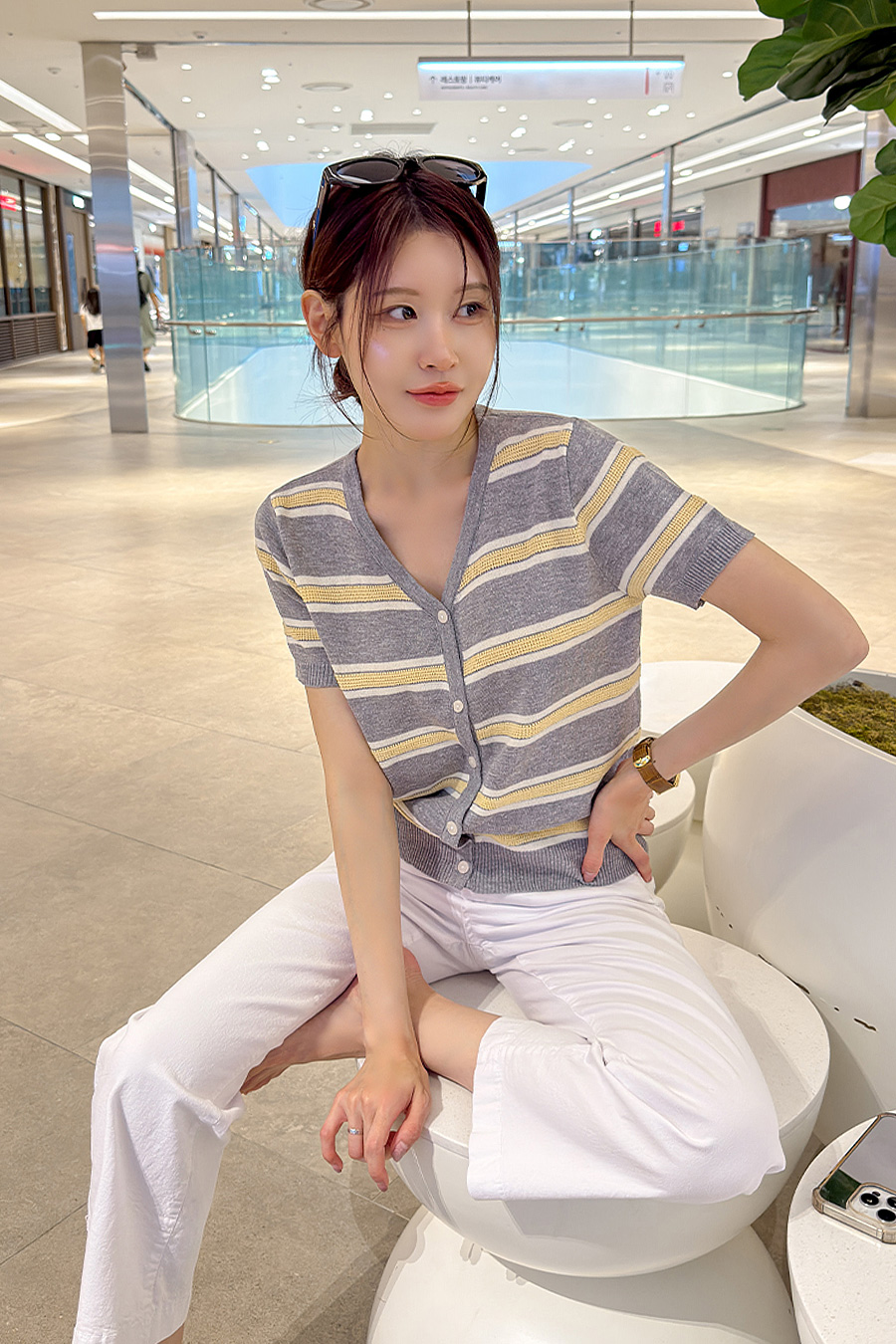 함스트라이프 린넨브이넥가디건