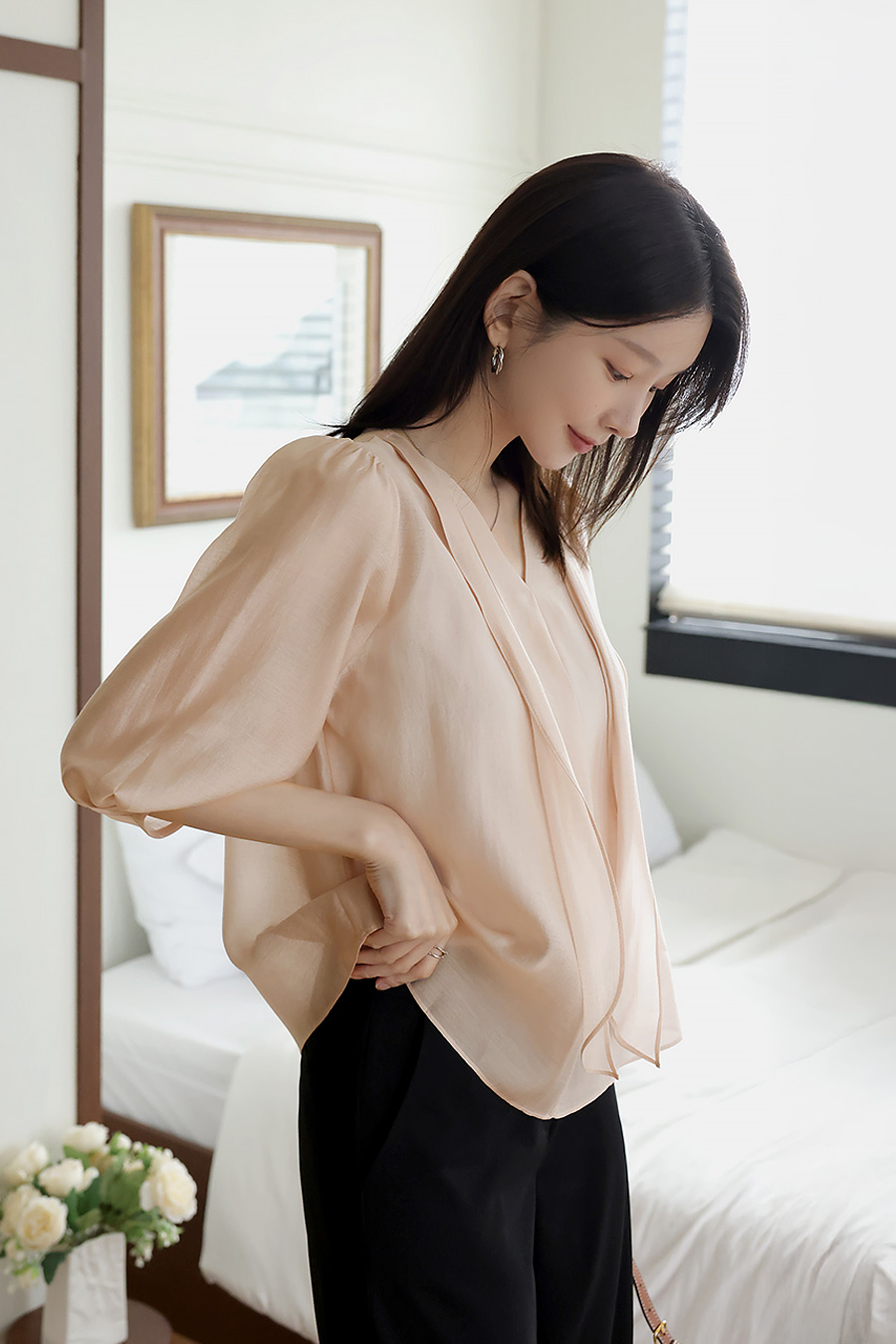 밍팃퍼프 타이블라우스 핑크