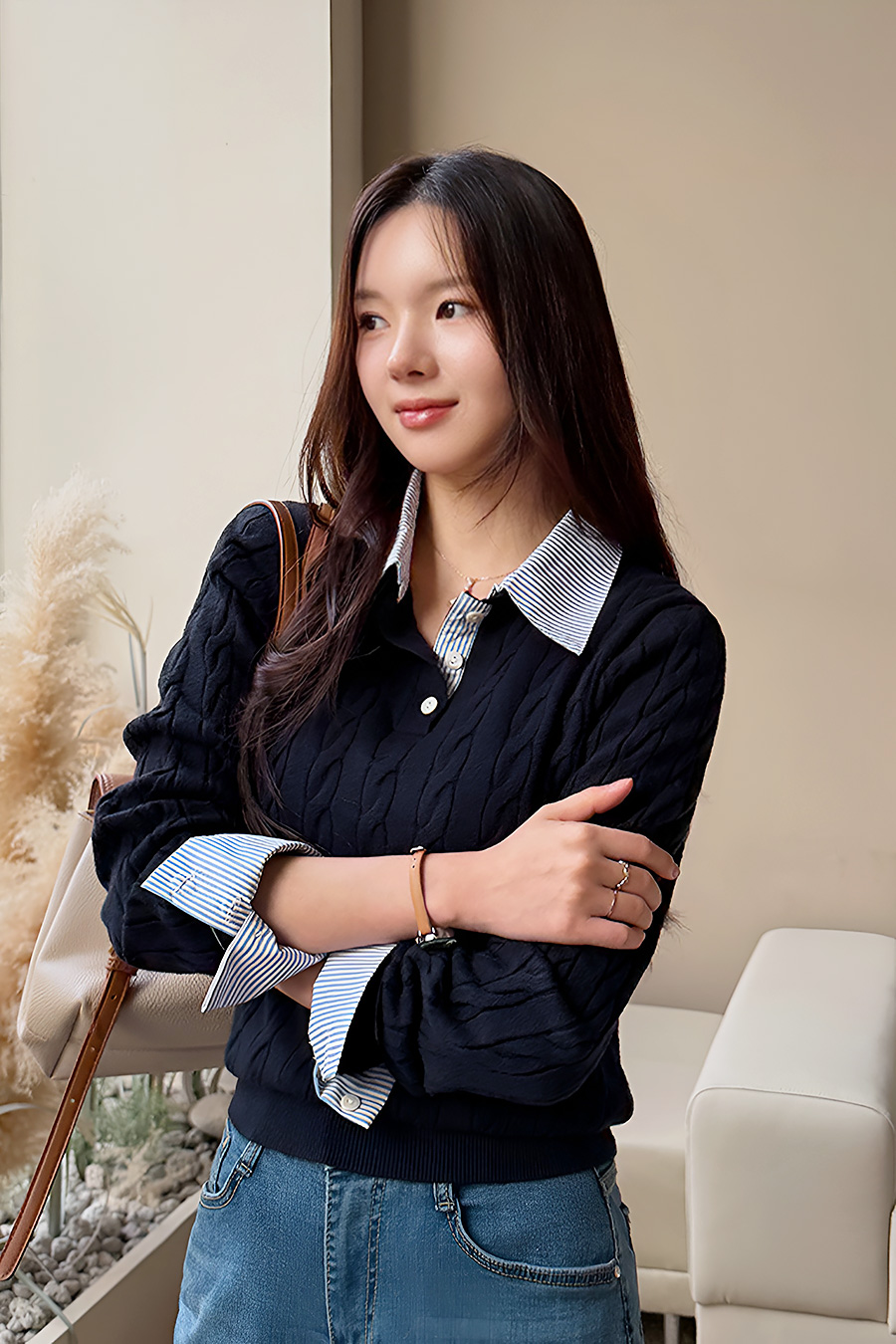 룬꽈배기 배색레이어드니트