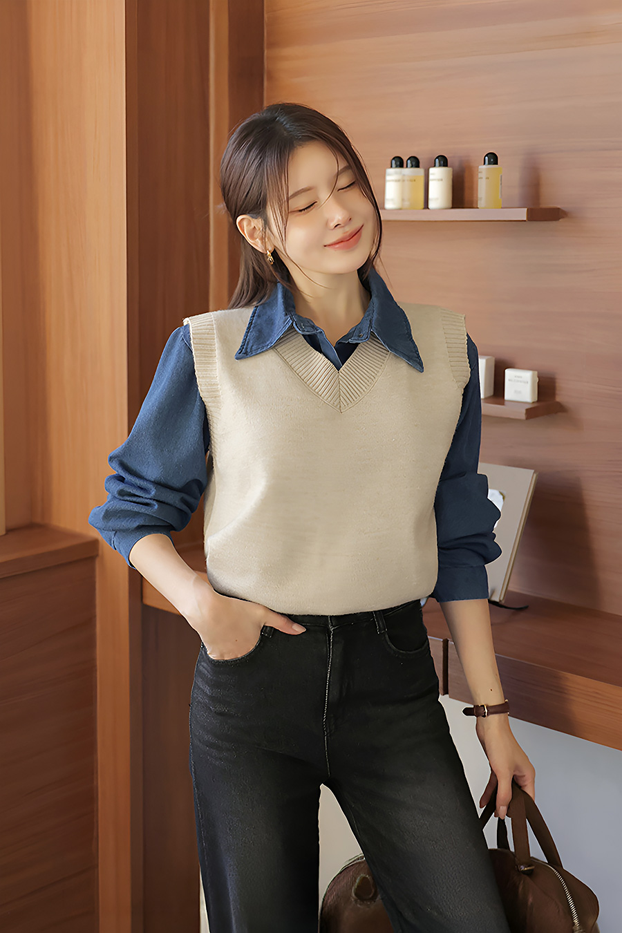 캔티드 데님셔츠+니트베스트SET